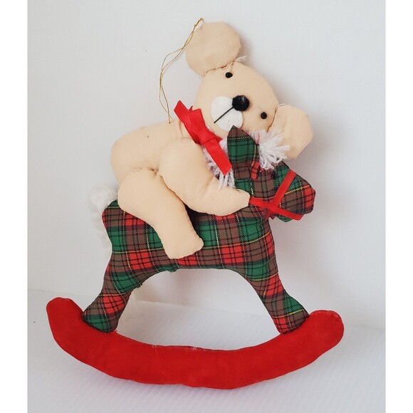 Teddy Bear On Rocking Horse Christmas Ornament Cloth Fabric Tartan Plaid Plush - Picture 1 of 8